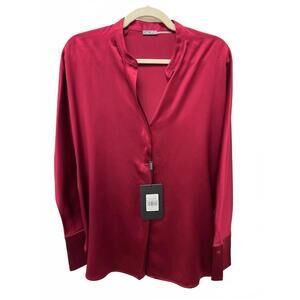 NEW DIOMI women's classic band collar blouse in red garnet
